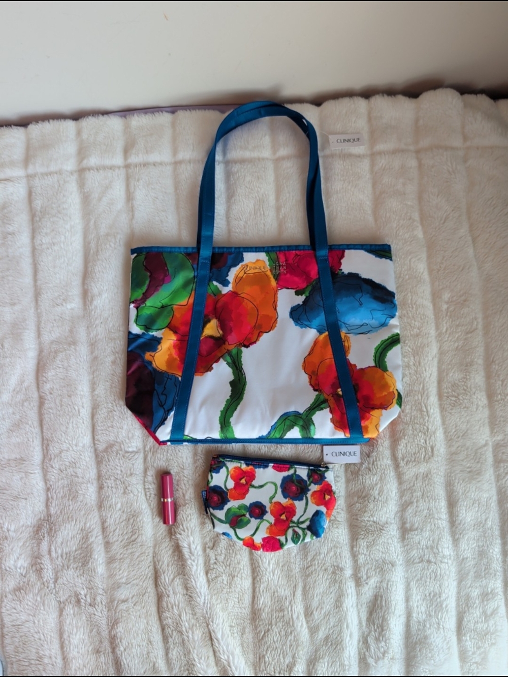 Clinique Large Floral Tote/Cosmetic Bag & Lipstick Bundle New